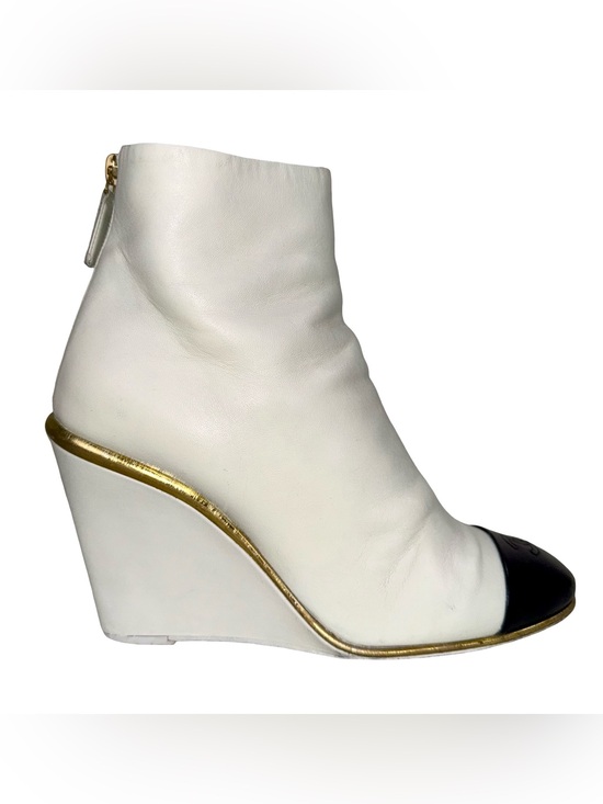 CHANEL Shoes - CHANEL WHITE LAMBSKIN ANKLE BOOTS WITH BLACK CAP TOES